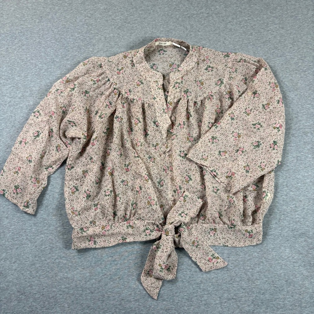Poetry Floral Tie Front Roll Tab Sleeve Blouse Pink Tan Large 6140B2